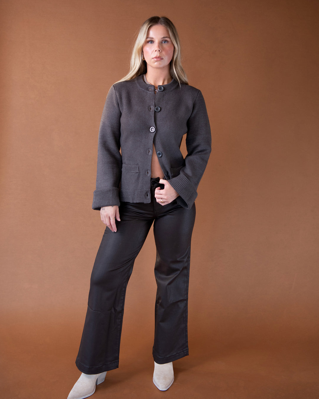 Meg Coated Wide Leg - Chocolate