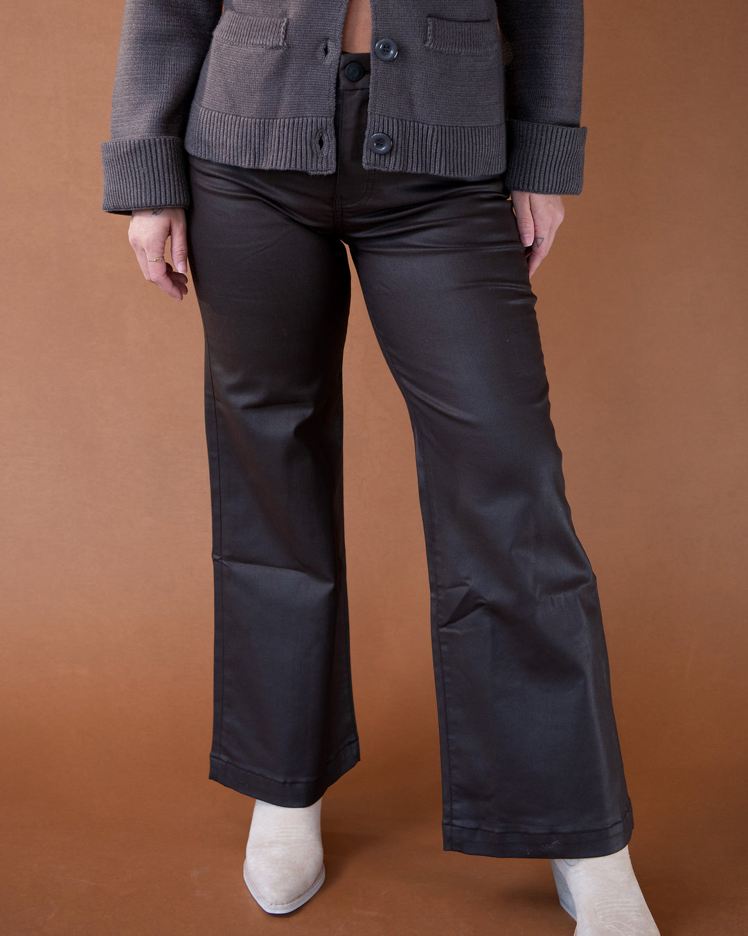 Meg Coated Wide Leg - Chocolate